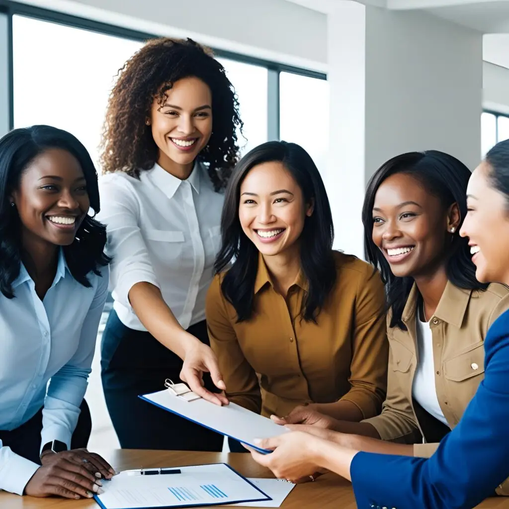 Smiling recruitment agency team collaborating on outreach strategy