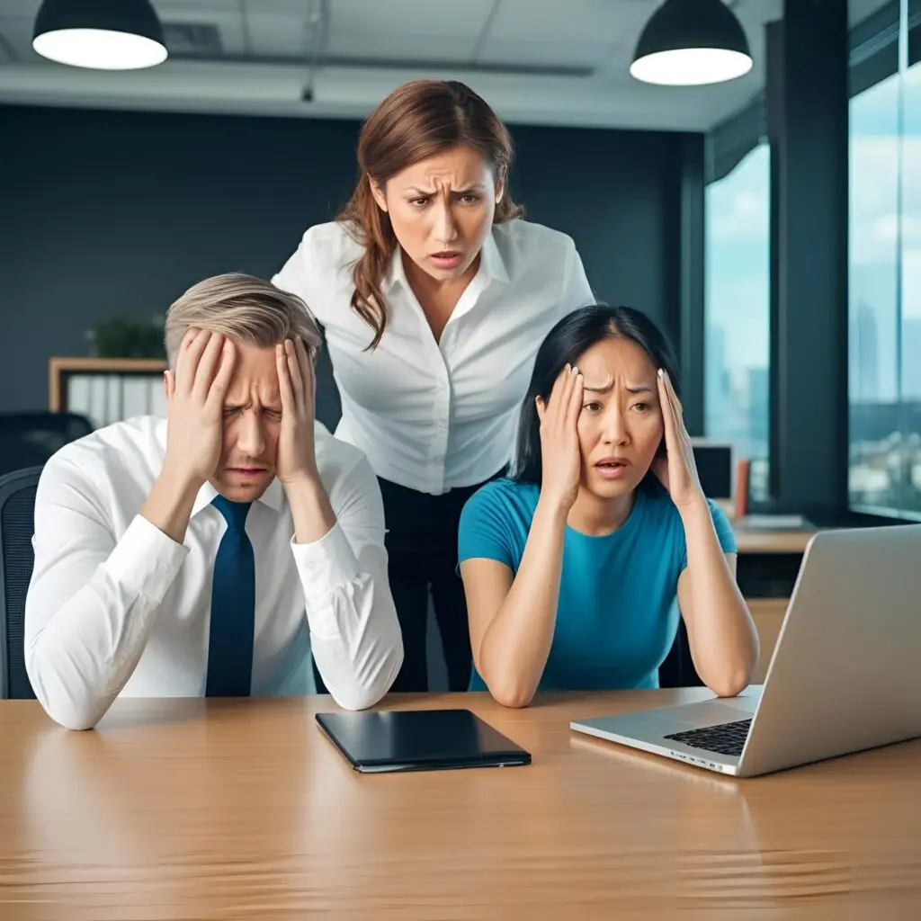 Frustrated HR leaders facing hiring challenges in the office – recruitment agency delays, high fees, and unfilled roles