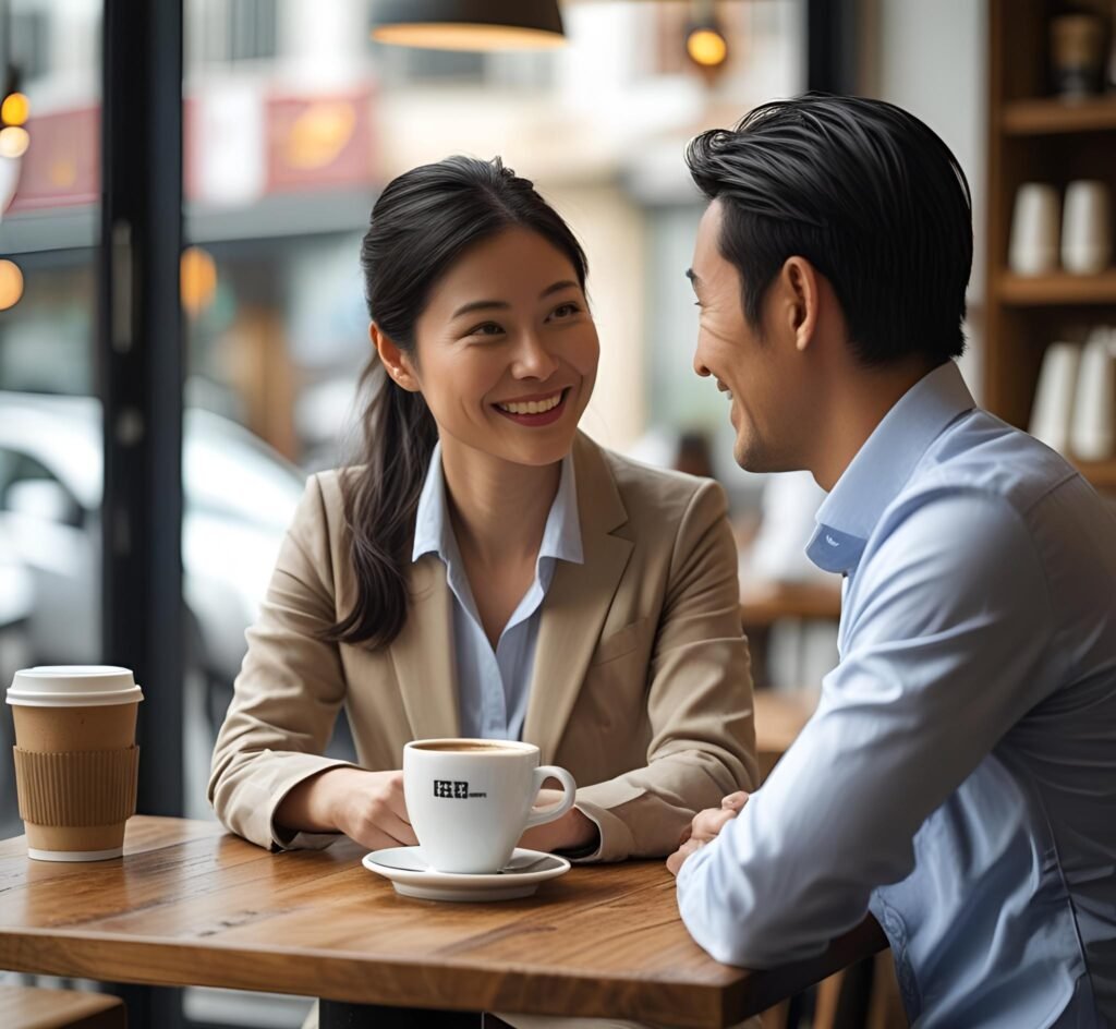 A professional Asian female recruiter from Vatra Search meets with a male client in a cafe, symbolizing a collaborative partnership for SME talent acquisition in Singapore.