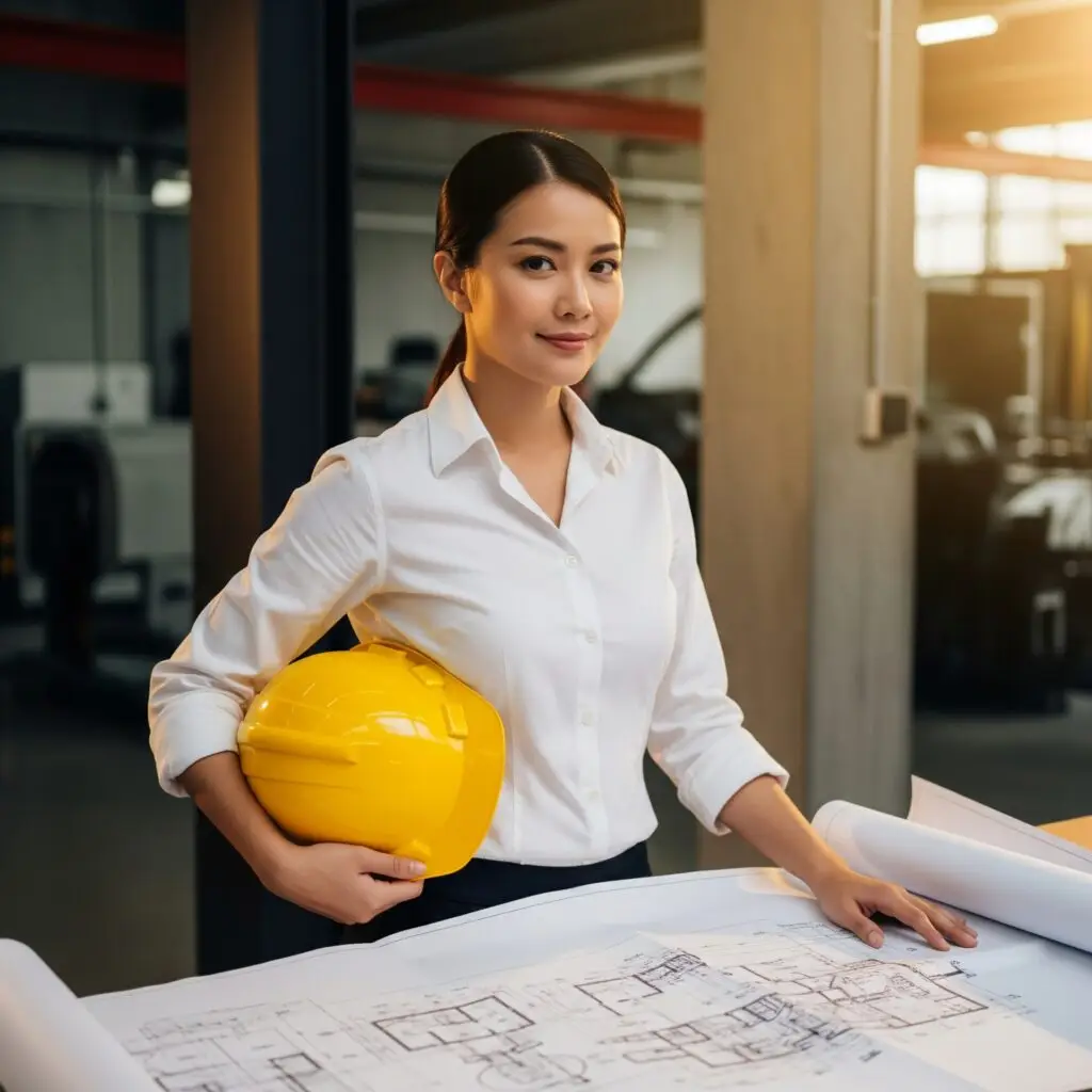 A professional Asian female engineer in a hard hat reviewing a blueprint, representing Vatra Search's expertise in recruiting engineering talent for Singaporean SMEs.