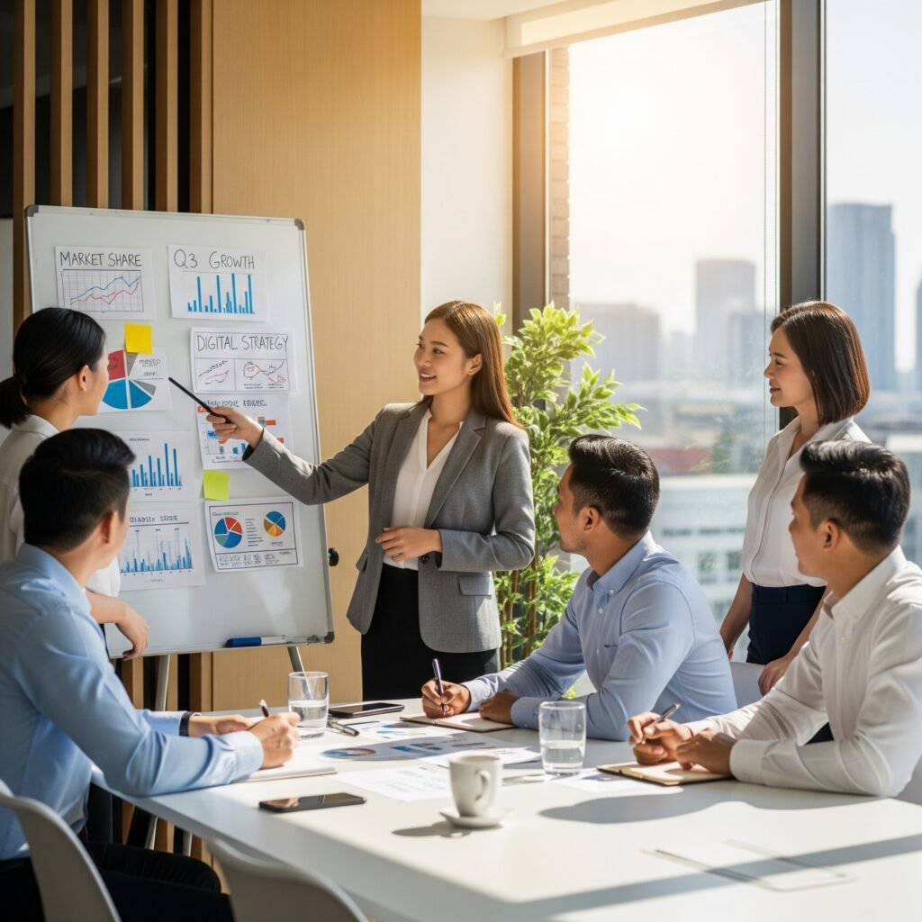 A diverse team of Asian sales and marketing professionals in a meeting, representing Vatra Search's ability to recruit top talent for Singapore's SMEs.