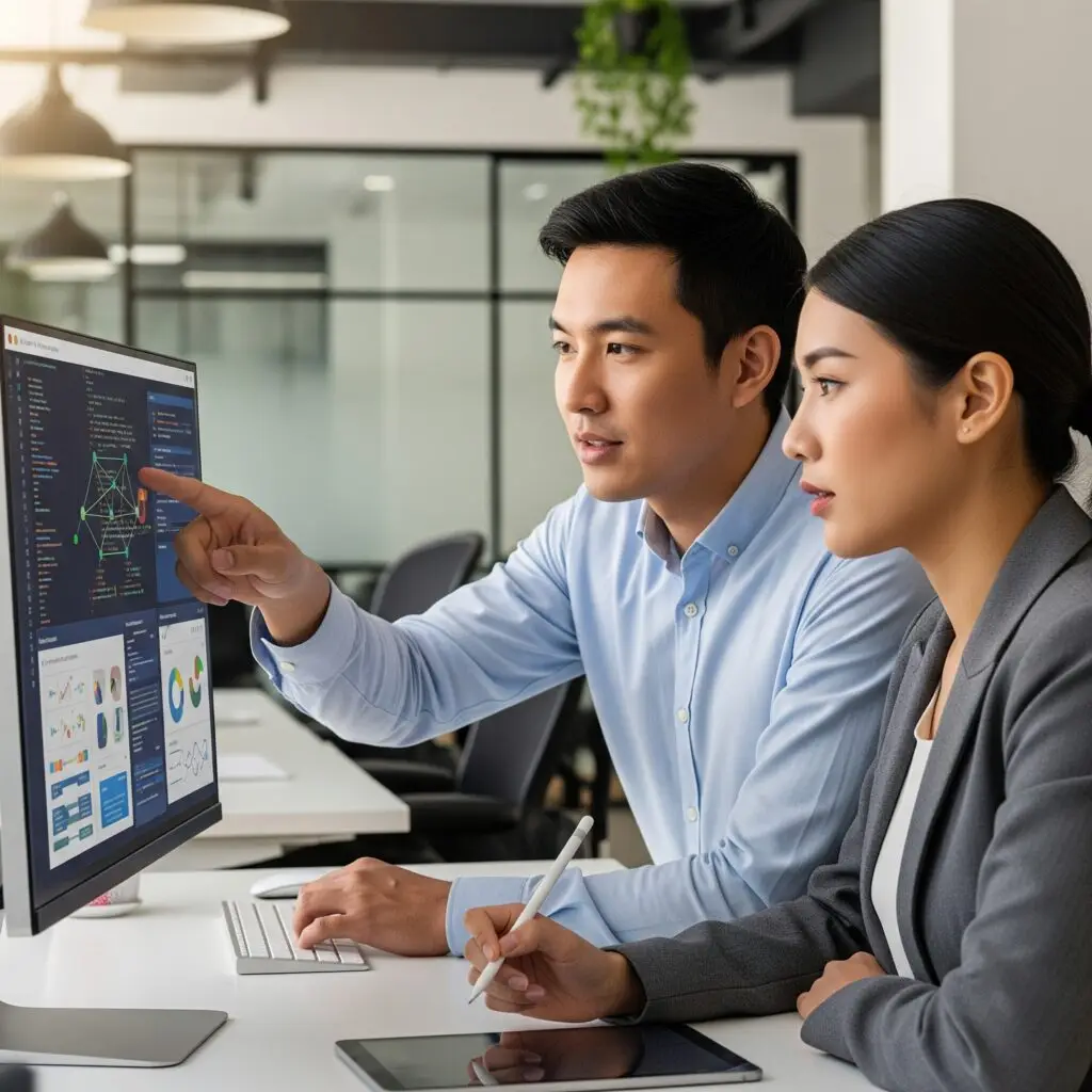 Two Asian tech professionals collaborating on a computer, symbolizing Vatra Search's focus on recruiting technology talent for Singaporean SMEs.