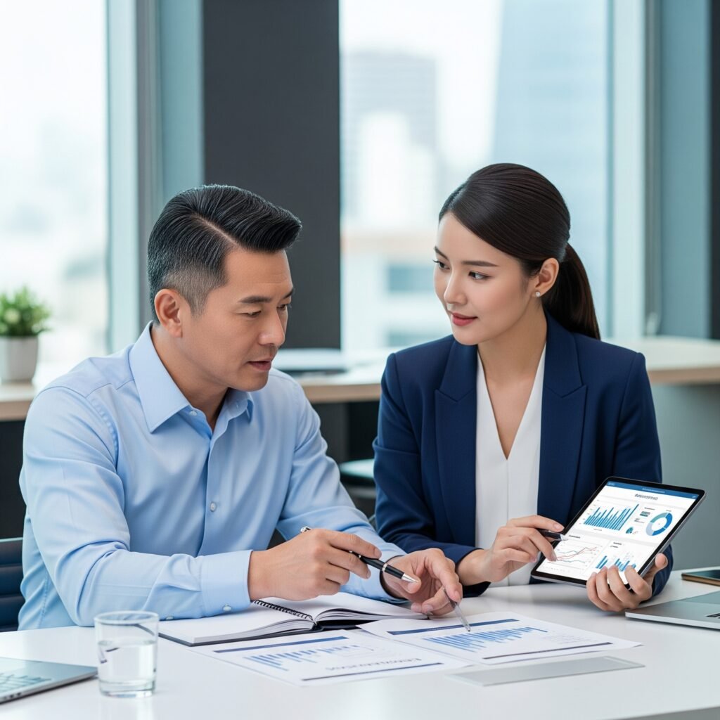 An Asian man and woman reviewing a financial report and tablet, representing Vatra Search's specialization in recruiting finance and operations talent for Singaporean SMEs.