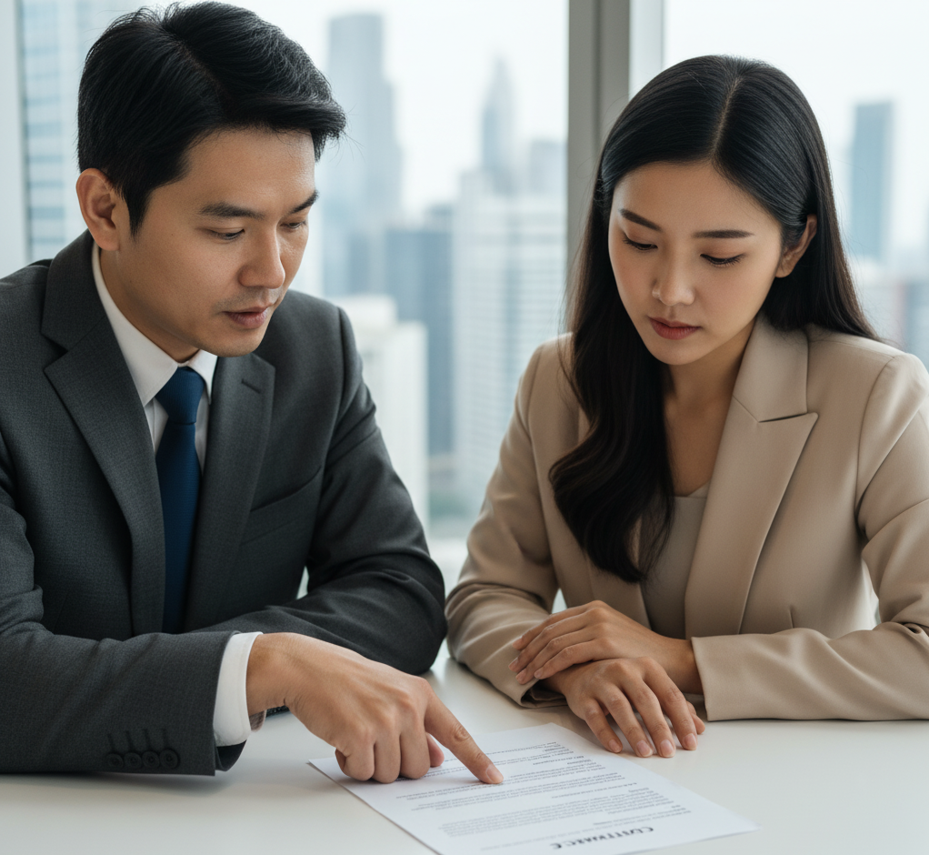 Two Asian business partners, a man and a woman, collaboratively reviewing a contract document laid flat on a table in a modern office, representing trade negotiations.